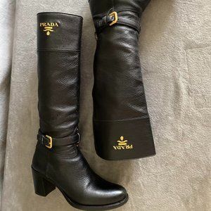 Classic Prada Black Leather Logo Heeled Knee High Boots